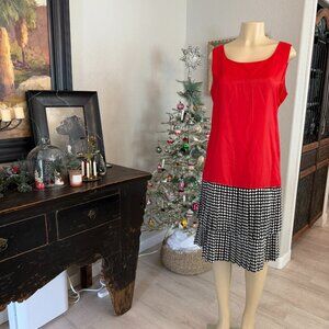 vintage :sleeveless red upper w/black&white hounds tooth pleated lower